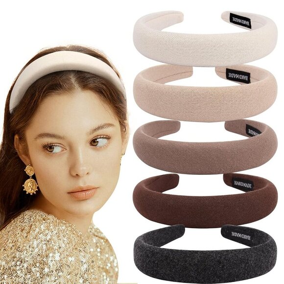 5 Pack Padded Headbands with Soft Fabric - Plain Thick Hair Accessories for Wome - Picture 1 of 7